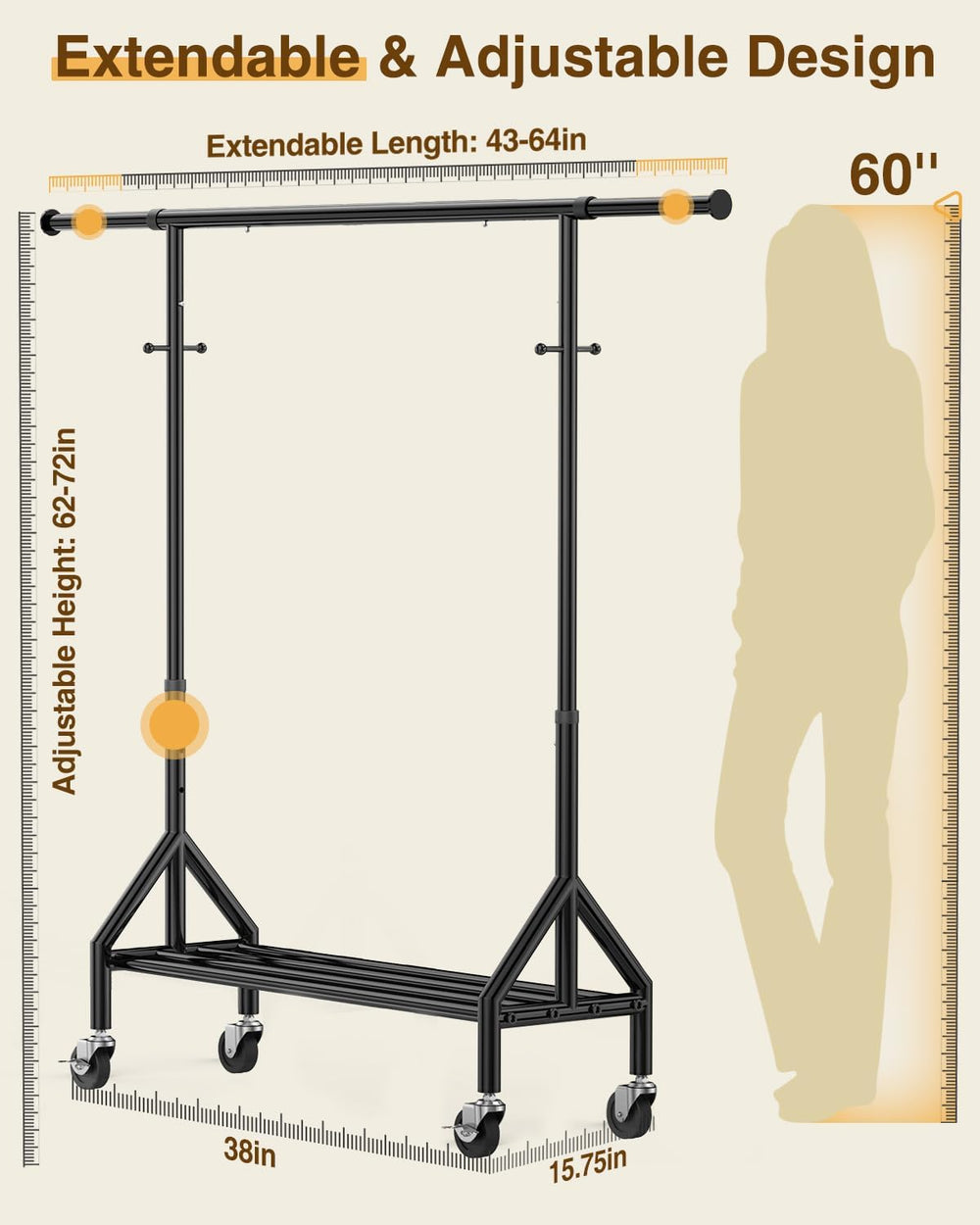 Heavy Duty Clothes Rack Load 520LBS, Adjustable Rolling Clothing Rack with St...