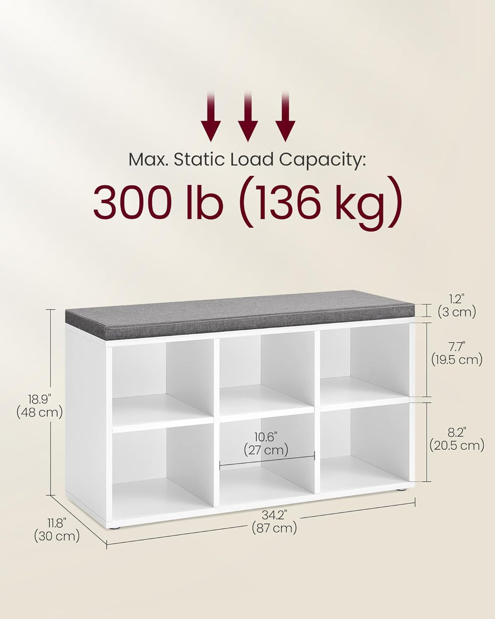 VASAGLE Shoe Bench with Cushion, 6 Compartments, 3 Adjustable Shelves