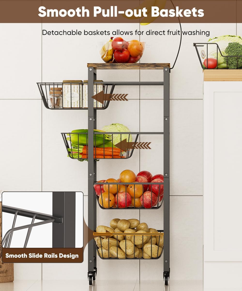Fruit Vegetable Storage Cart for Kitchen, 5-Tier Vegetable Stand Rack with Pu...