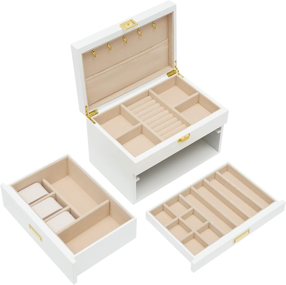 3 Layers Jewelry Storage Box with 2 Drawers, Large Wooden Jewelry Box for Wom...