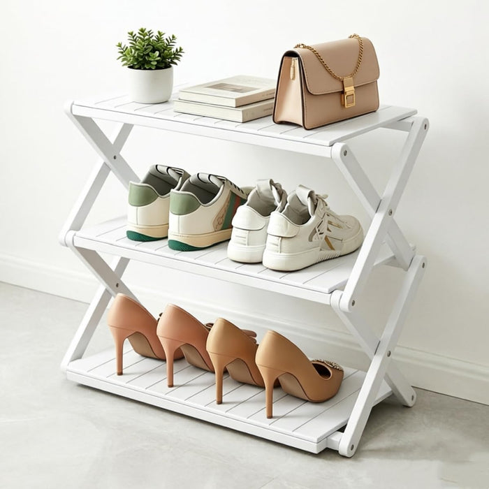 3 Tier Foldable Shoe Rack, No-Assembly Bamboo Shoe Organizer Multifunctional Shoe Shelf for Small Space,Entryway,Closet, Balcony, Hallway, Kitchen,White