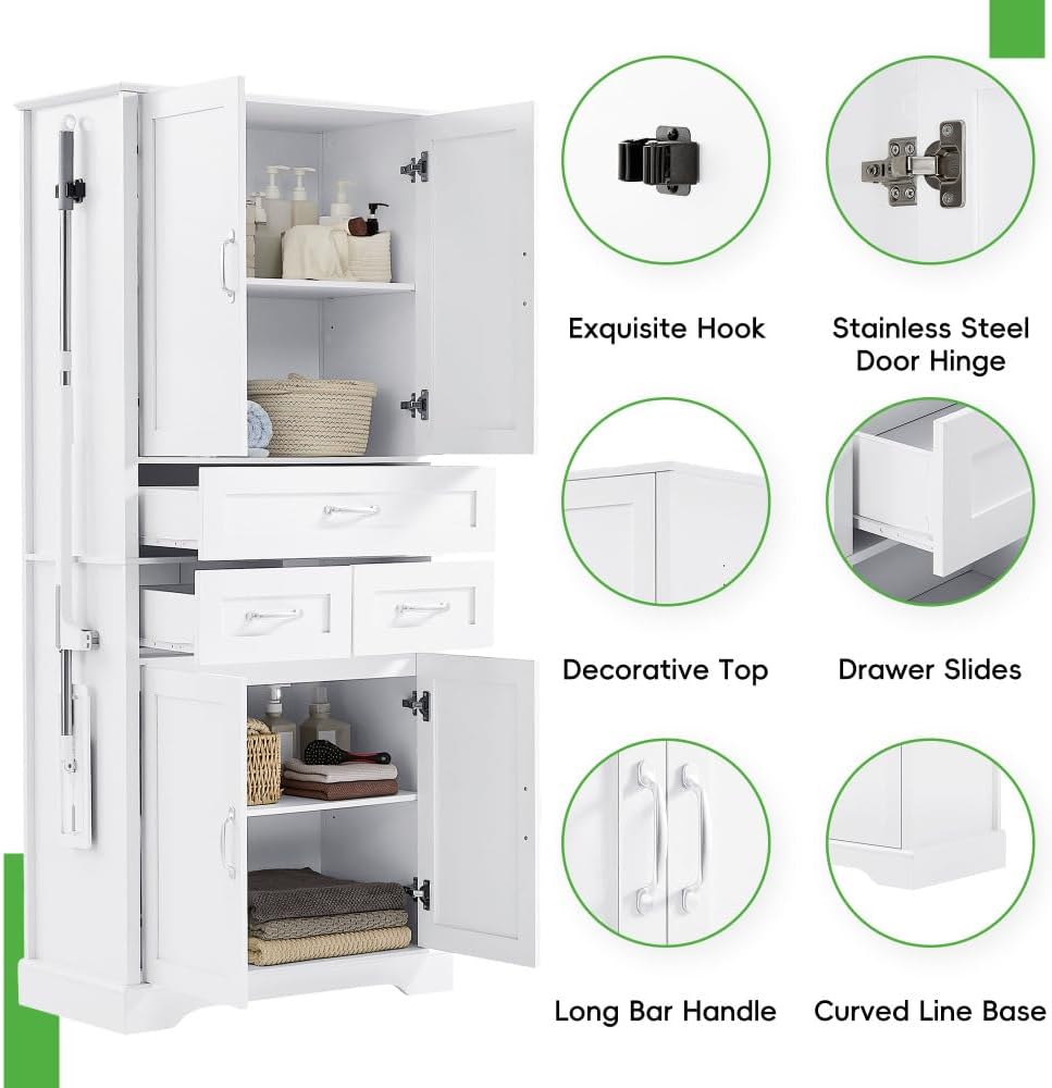 Wood Tall Storage Cabinet with Storage, 4 Doors & 3 Drawers, Bathroom Sto...