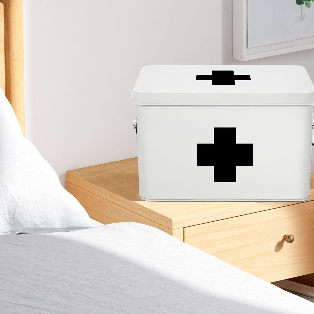 Flexzion Large Metal First Aid Box Empty, 13-Inch, White with Black Cross