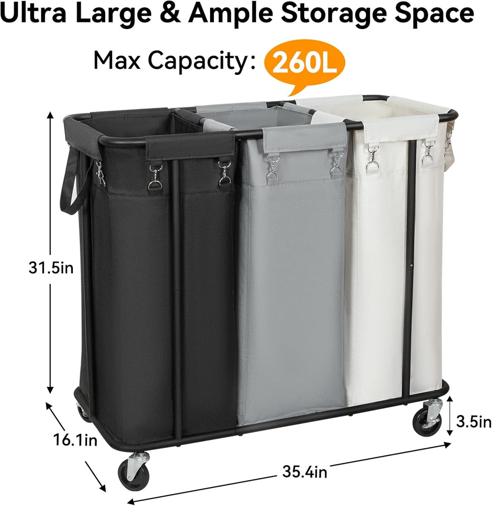 WOWLIVE Laundry Hamper 3 Section, 260L Rolling Laundry Basket with Wheels