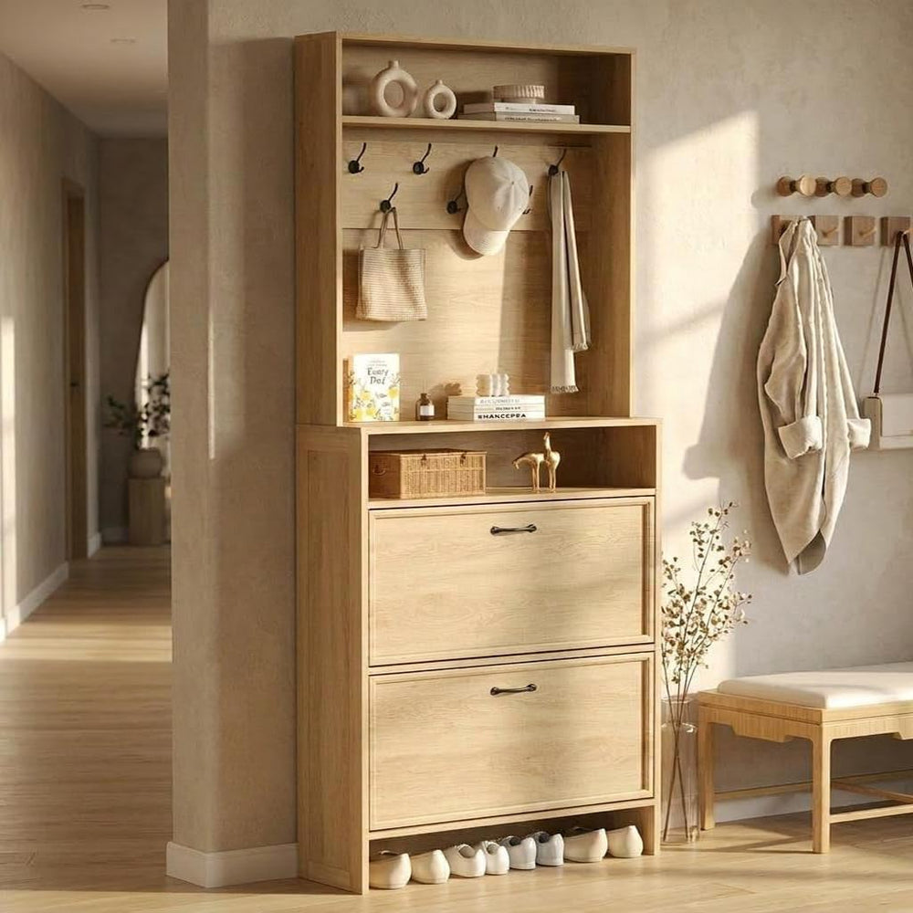 Garvee Shoe Cabinet with 2 Flip Drawers, 2-in-1 Hall Tree Shoe Storage Cabine...