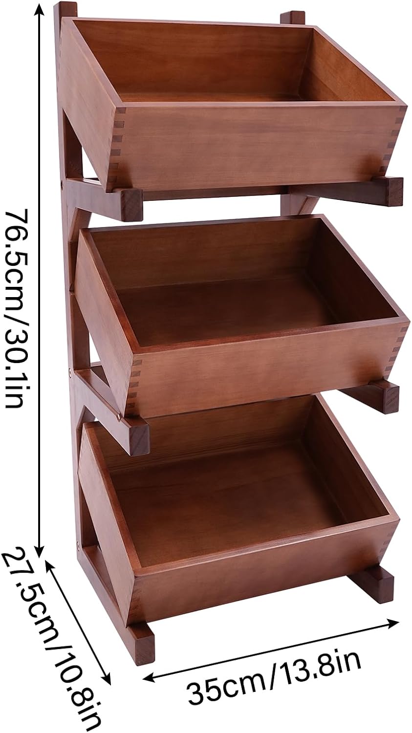 3 Tier Wood Fruit and Vegetable Basket Stand Rack for Kitchen, Fruit Basket f...
