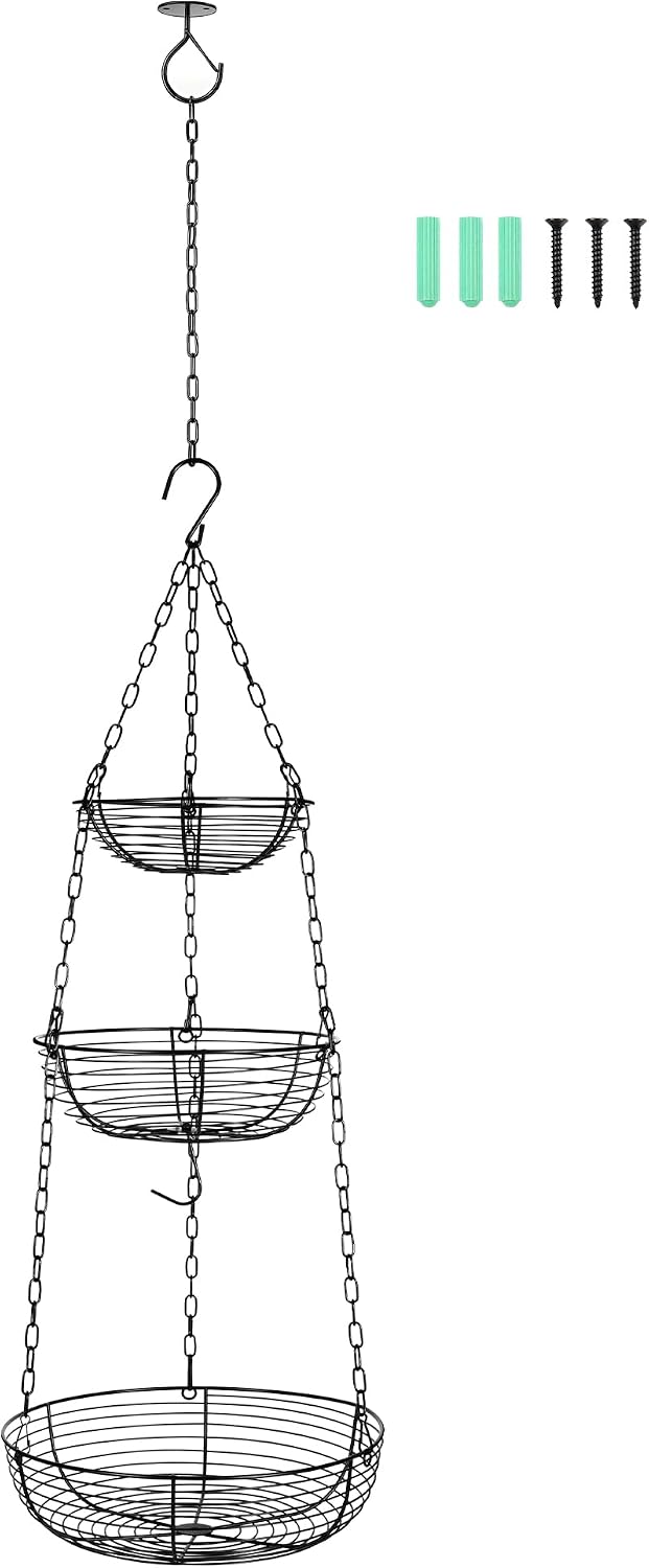 Hanging Fruit Basket for Kitchen, 3-Tier Hanging Fruit Basket | Easy Installation, Ceiling Hook Included, Adjustable Chain, Removable Baskets, Banana Hook, Produce & Vegetable Organizer