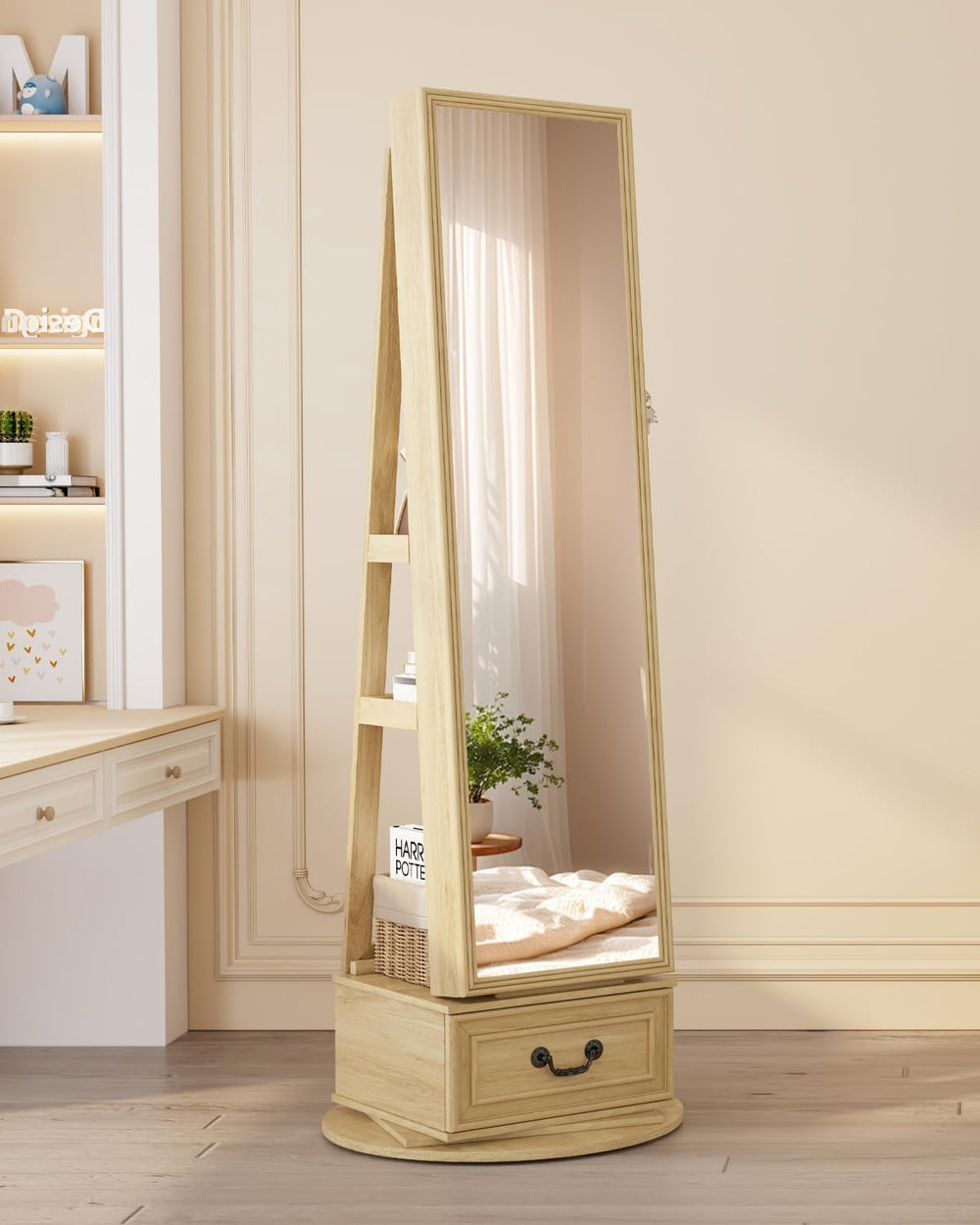 Vlsrka Mirror Jewelry Cabinet Standing with Lights, Lockable, Swivel, Wood