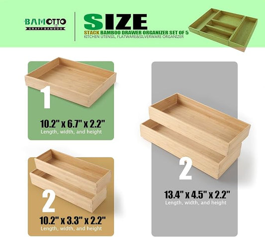 Stack Bamboo Drawer Organizer Set of 5, Kitchen Utensil, Flatware&Silverware - Image 2