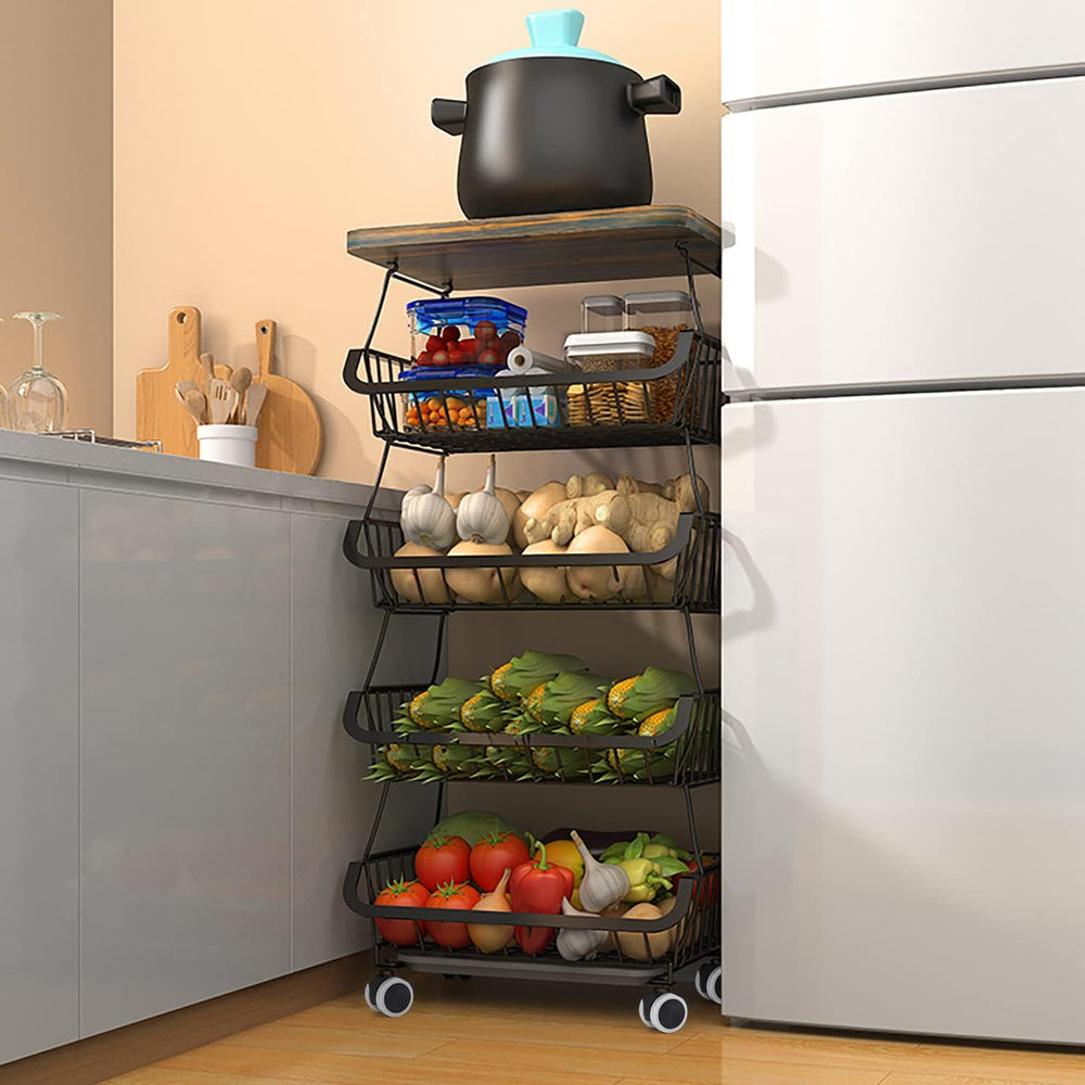 5-Tier Rolling Pantry Floor Organizer with Wheel Stackable Fruit Vegetable St...