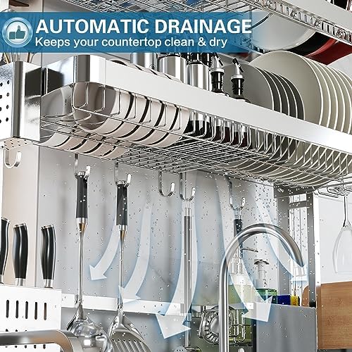 LIVOD Over The Sink Dish Drying Rack,3 Tier Adjustable Length Full Stainless ...