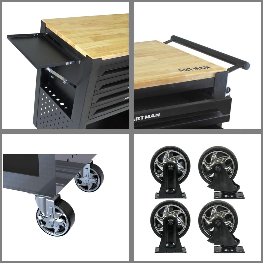 Lockable 4-Drawer Rolling Tool Chest with Wooden Top Workbench