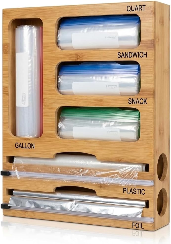 Bag Storage Organizer for Kitchen Drawer and Plastic Wrap Dispenser with Cutt...