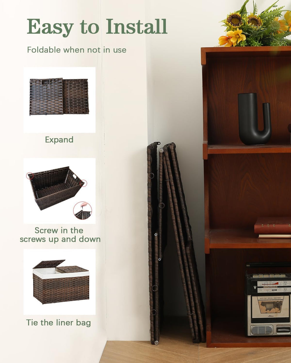 SETVSON Storage Basket with Lid, 2-Lid PE Rattan Storage Bin, Brown