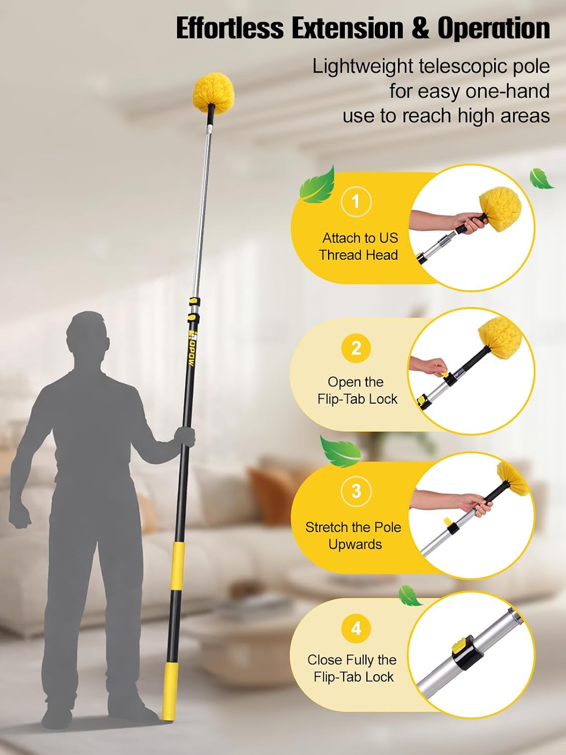20ft High Reach Cobweb Duster with 5-12ft Extension Pole and 2 Brush Heads | Spider Web Brush with Aluminum Telescopic Pole,Webster Cobweb Duster with Universal Joint,Web Remove Tool for Indoor &Outdoor