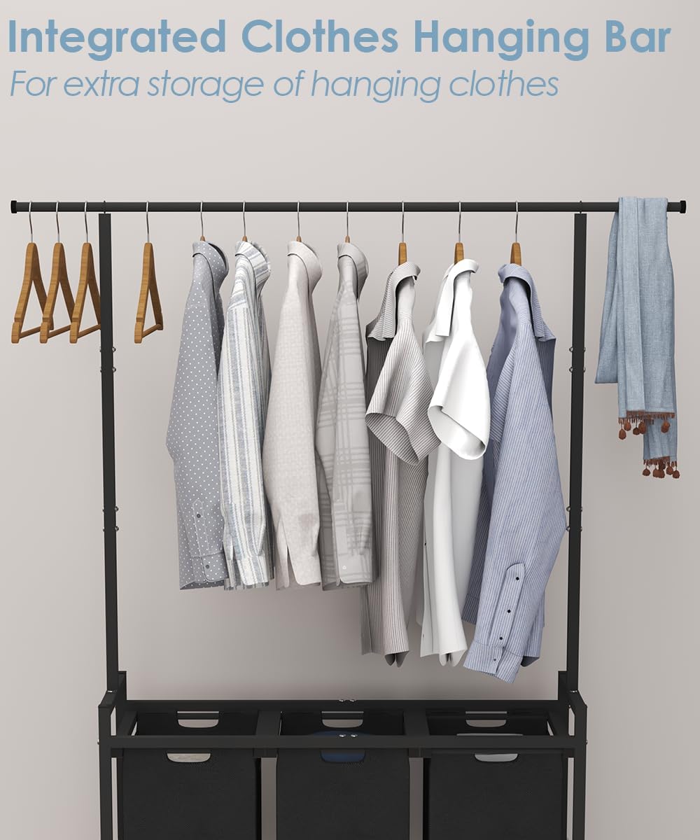 Large Laundry Hamper with Clothes Rack Hanging Bar, 10 x 3 Gal Pull-Out &...