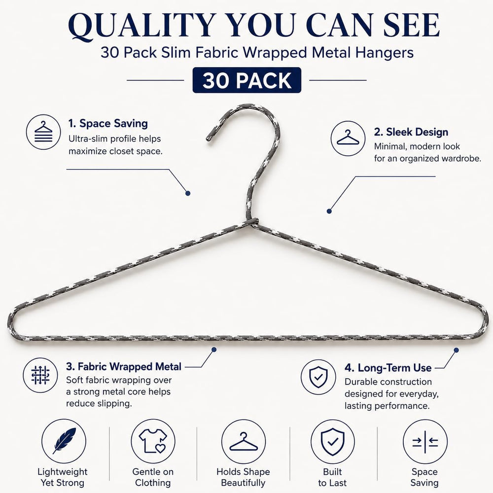 Clothes Hangers 30 Pack – Space Saving Fabric & Metal Hangers, Non-Slip P...