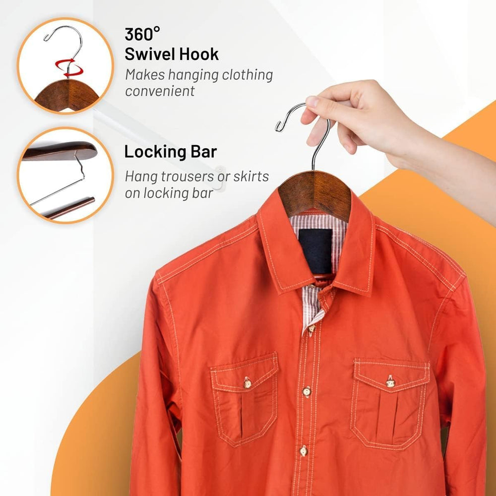 Wide Shoulder Wooden Suit Hangers with Non-Slip Pants Bar & 360° Swivel H...