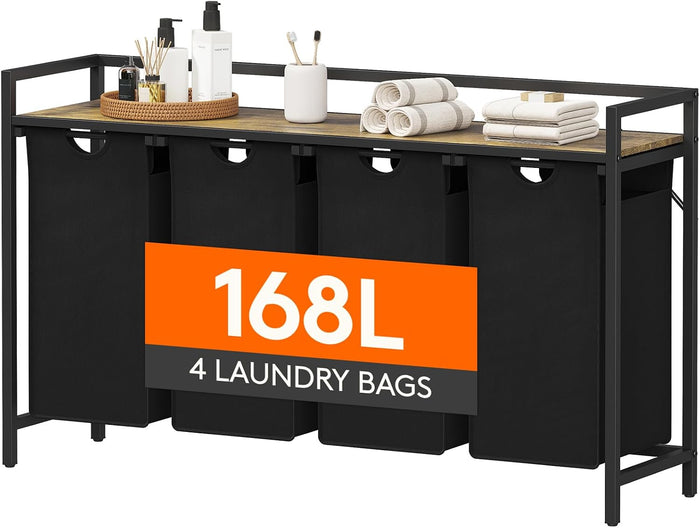 Lifewit Laundry Hamper 4 Section, 168L Pull out Laundry Clothes Basket Organizer with Large Top Shelf and 4 Removable Bags and Handles for Laundry Room Bedroom Bathroom, Black with A Shelf