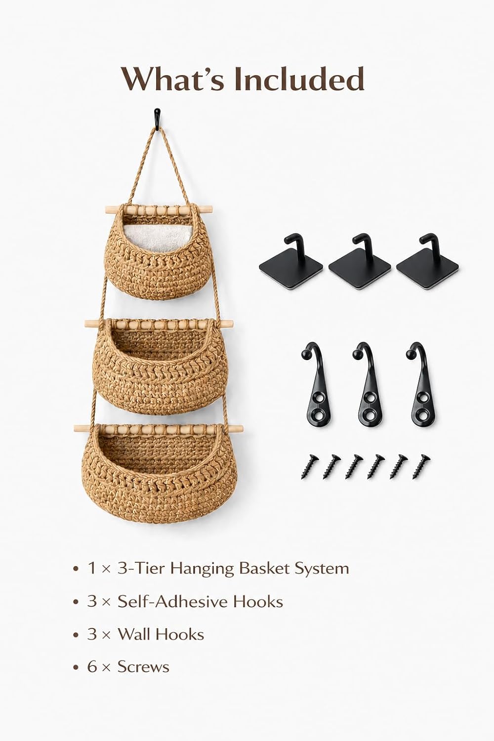 Hanging Wall Basket (3-Tier) Organizer – Cotton Rope Wall Storage for Bathroom, Kitchen & Nursery – Detachable Baskets + No-Drill Adhesive Hooks Included (Renter Friendly)