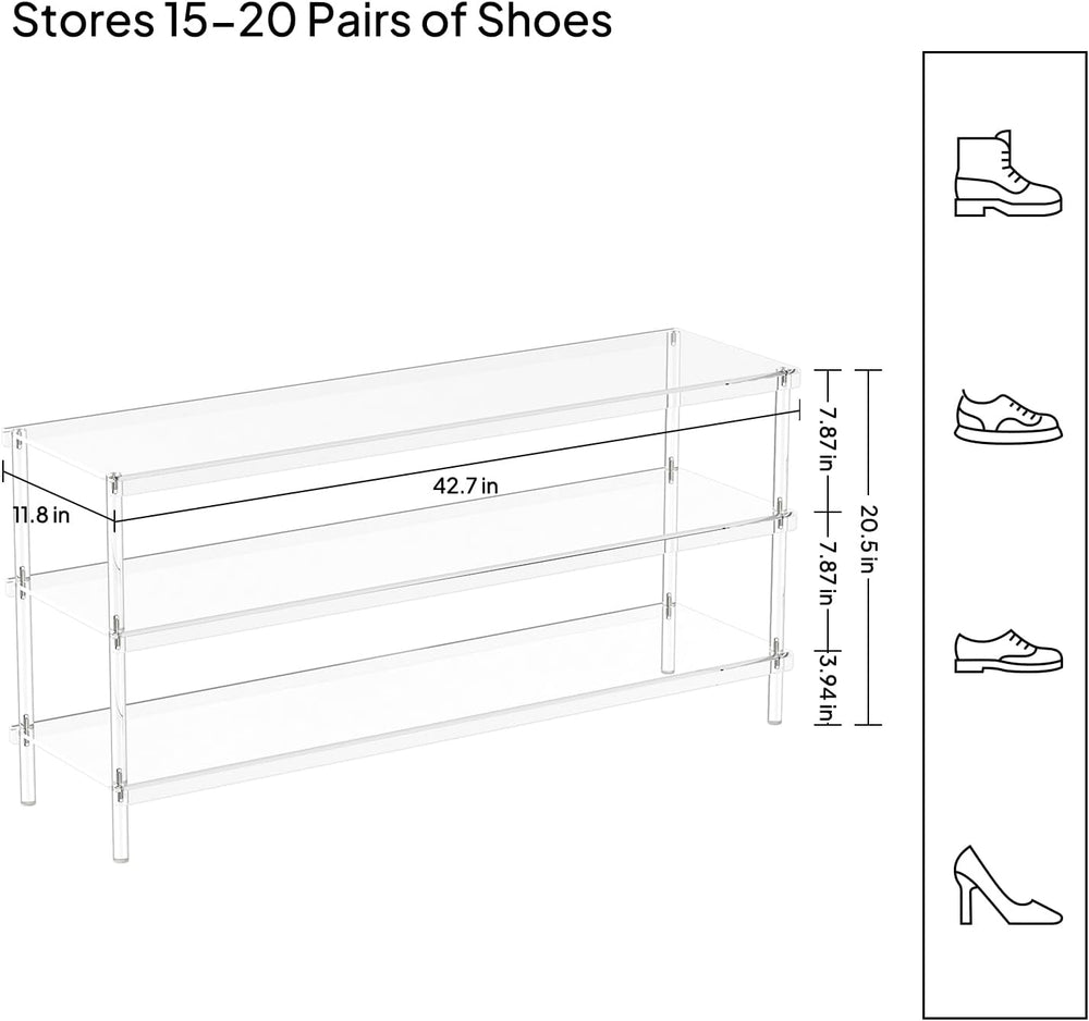 Aquiver Acrylic 3-Tier Long Shoe Rack - Clear Wide Shoe Rack for Closet - Ent...