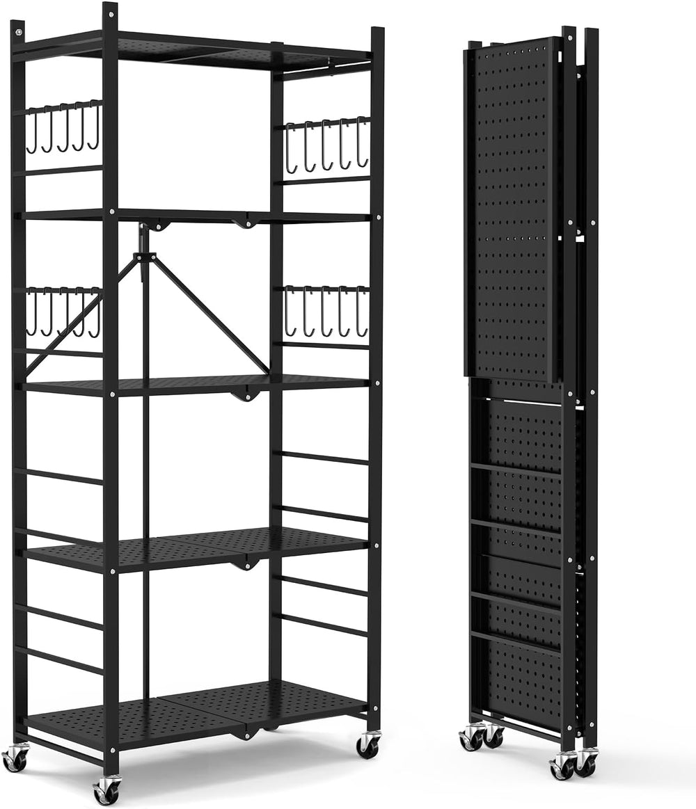 Himix 5-Tier Foldable Storage Shelves with 20 Hooks Wheels Kitchen Black