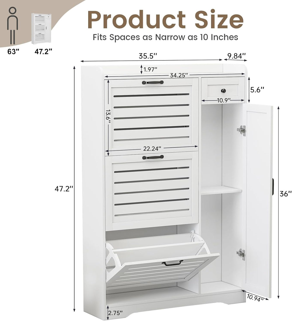 Shoe Storage Cabinet with 3 Flip Drawers, Freestanding Hidden Wooden Shoe Sto...