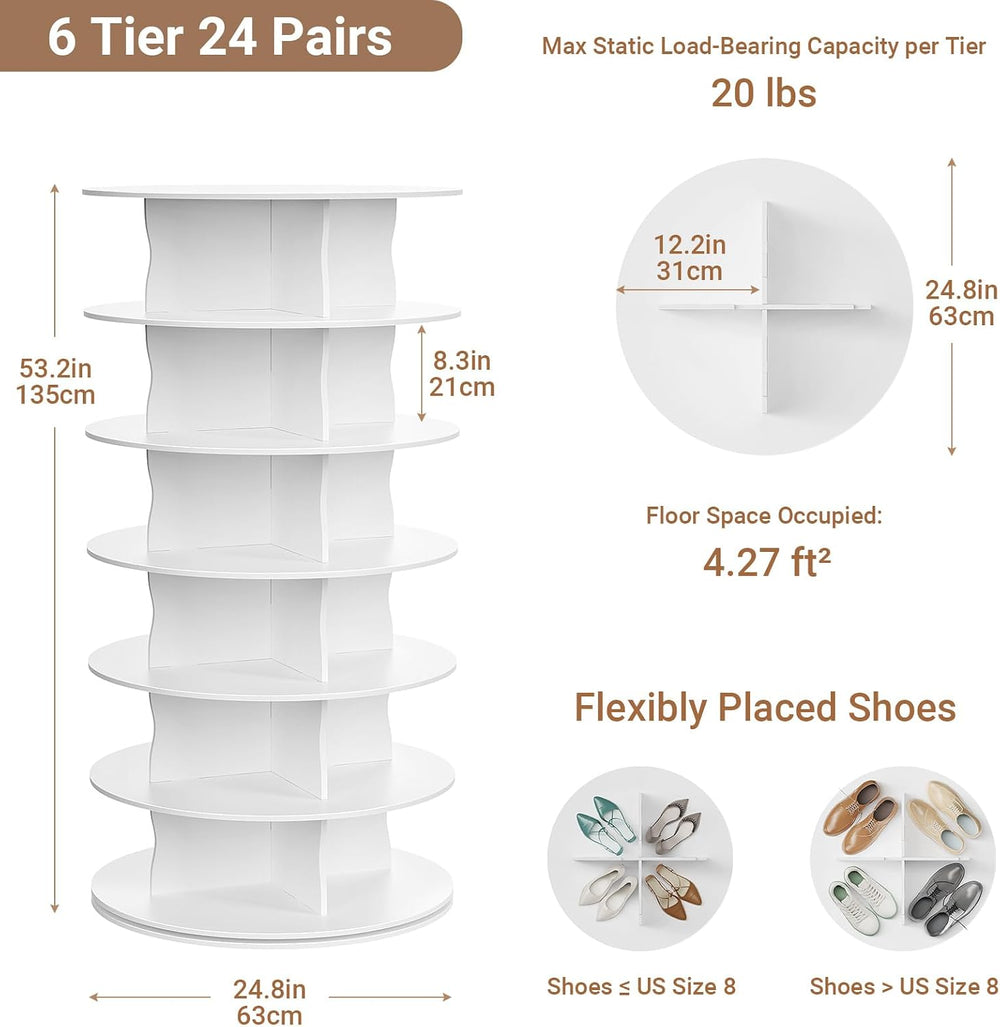 6-Tier Rotating Standing Shelf with Divider Shoe Rack Tower, White