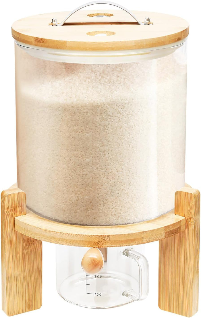 Rice Dispenser Cereal Container With Wooden Stand & Measuring Cup 5L