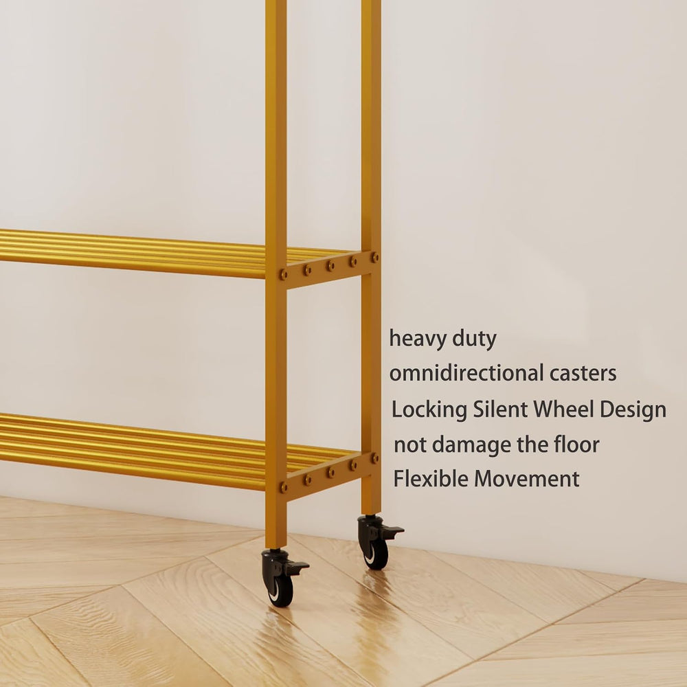 Gold Rolling Garment Rack with Shelves and Hooks,Freestanding Metal Clothing ...