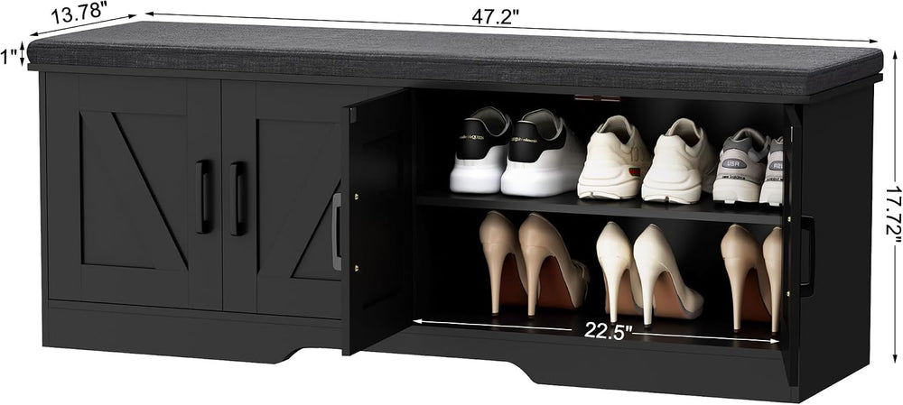 HOMSHO Farmhouse Shoe Storage Bench with 4 Barn Doors & Padded Seat Cushion