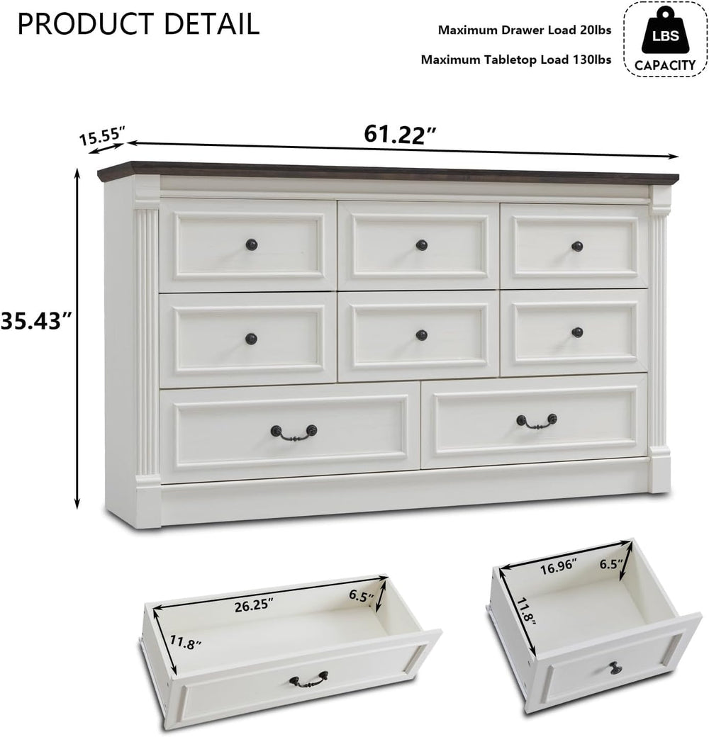 Aitjunz Farmhouse 61" Wide 8 Drawers Dresser for Bedroom, Antique White