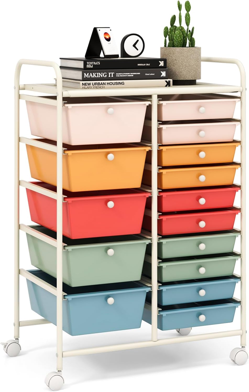 LDAILY 15 Drawer Rolling Storage Cart, Rolling Cart with Drawers for Classroo...
