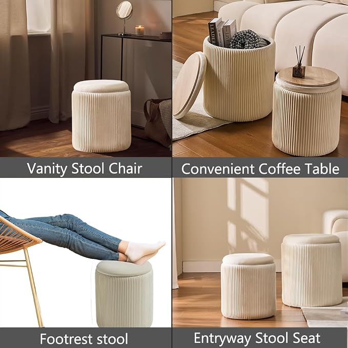 Round Set of 2 Ottoman with Storage-Upholstered Velvet Vanity Stool - Image 6