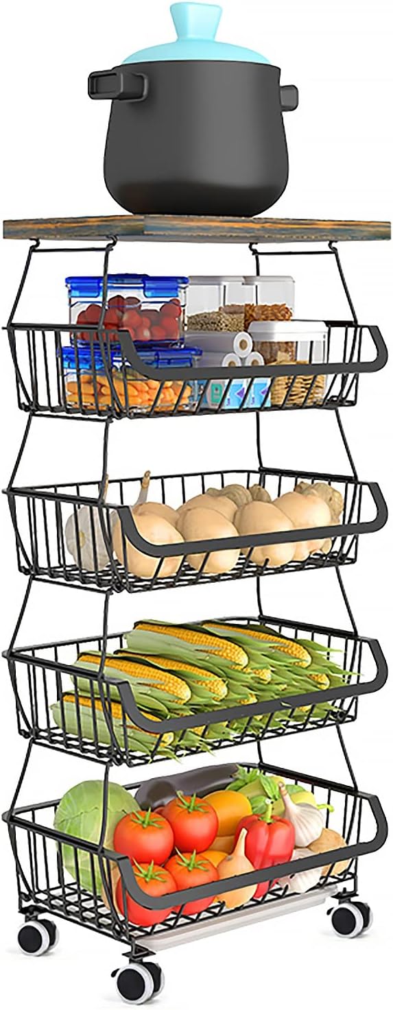 5-Tier Rolling Pantry Floor Organizer with Wheel Stackable Fruit Vegetable St...