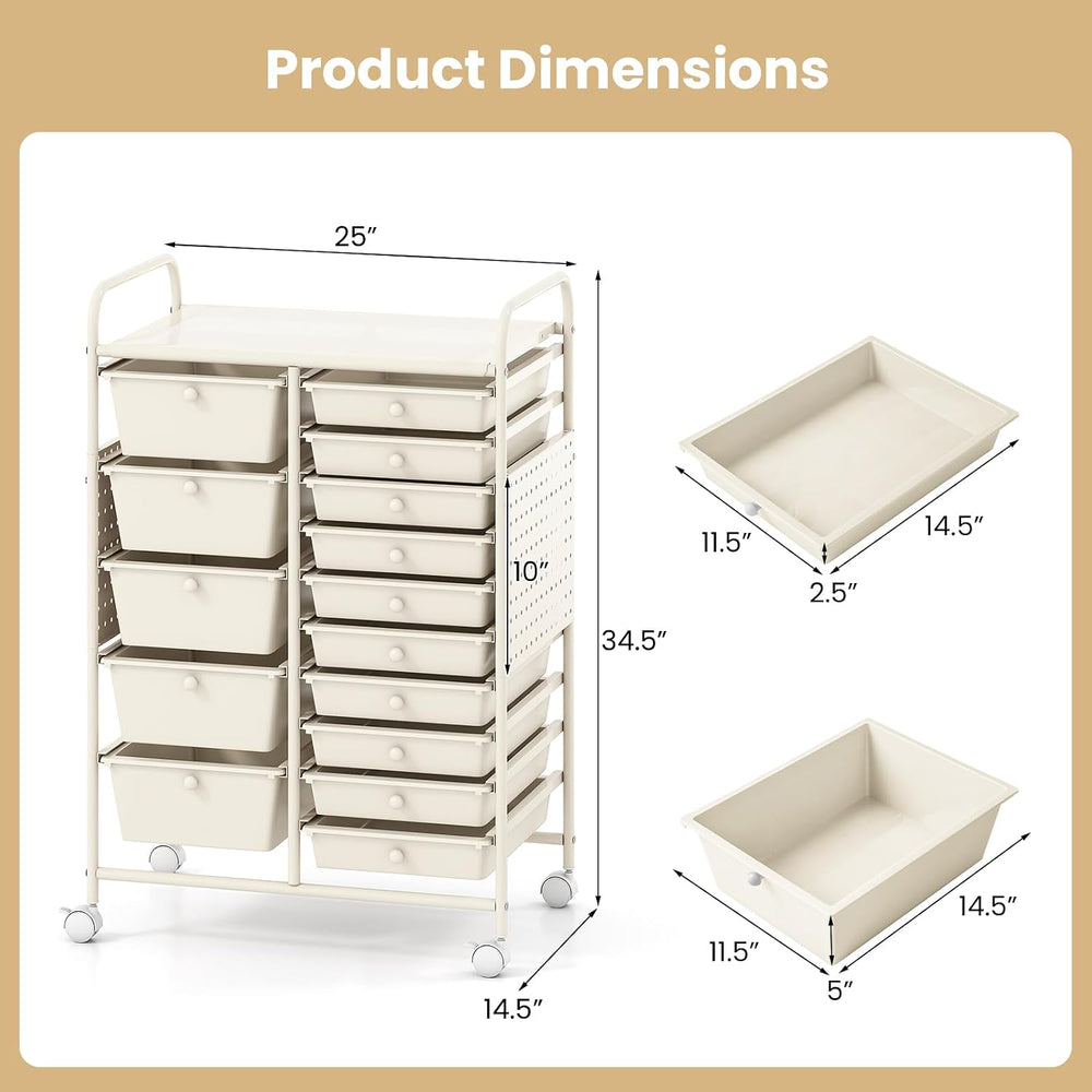Giantex 15 Drawer Storage Cart, Rolling Craft Cart with Metal Tabletop & ...