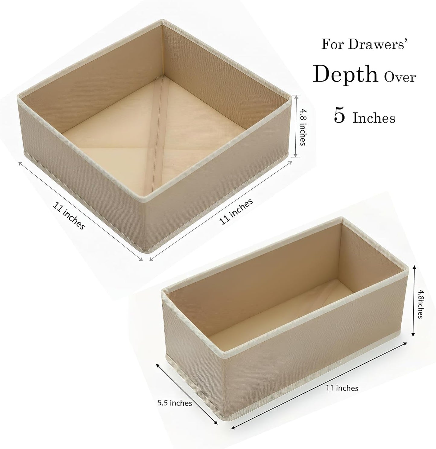 Drawer Organizer Set 6 Pack - Foldable Fabric Storage Bins with Zipper Bottom for Underwear Socks Bras Baby Clothes - Closet Dresser Organizers Dividers for Bedroom Nursery, Beige