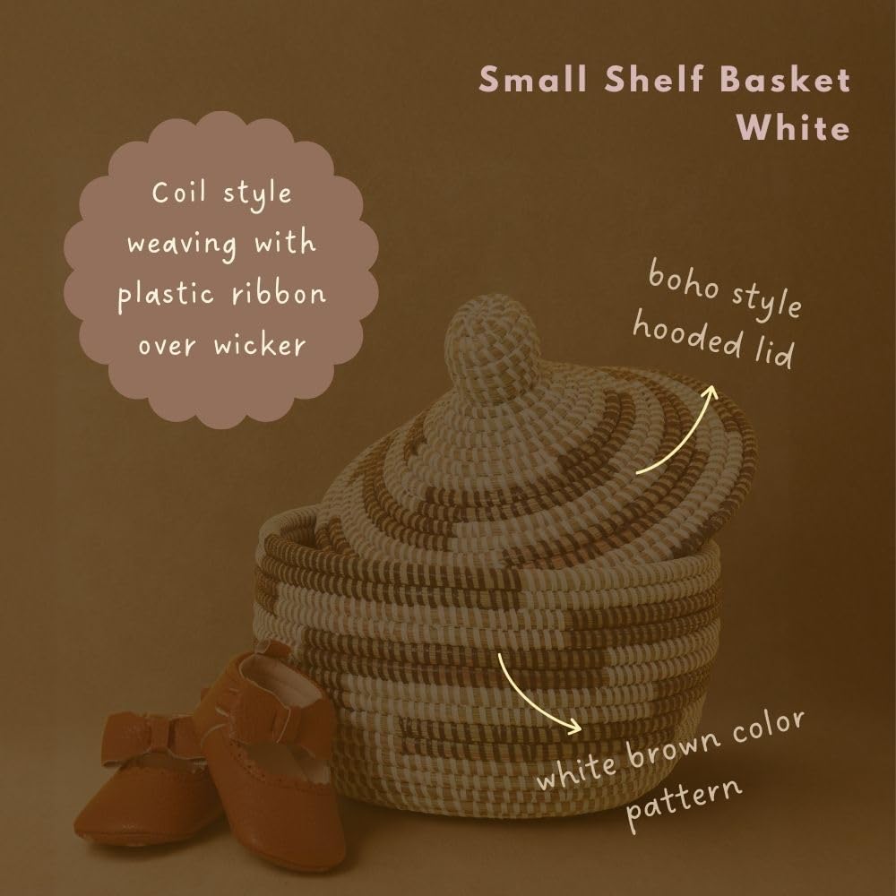 Decorative African Basket with Lid for Shelf, Brown Pattern on White, 10 Inch...