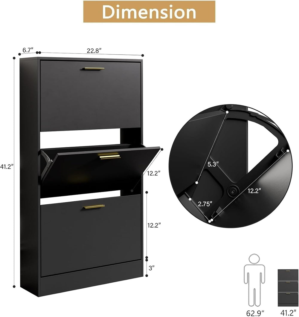 LYNSOM Modern Entryway Shoe Cabinet with 3 Flip Drawers and Top Display, Blac...
