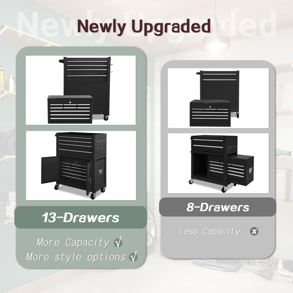 13-Drawer Tool Chest with Double Door and Wheels, 2 in 1 Detachable Rolling T...