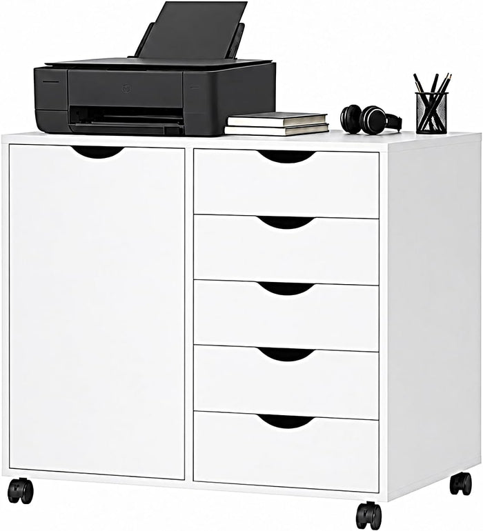 SweetGO 5 Drawer Wood File Cabinet with Wheels, Large Storage Printer Stand for Home Office, Rolling Cabinet Organizer with Reinforced Structure (White)