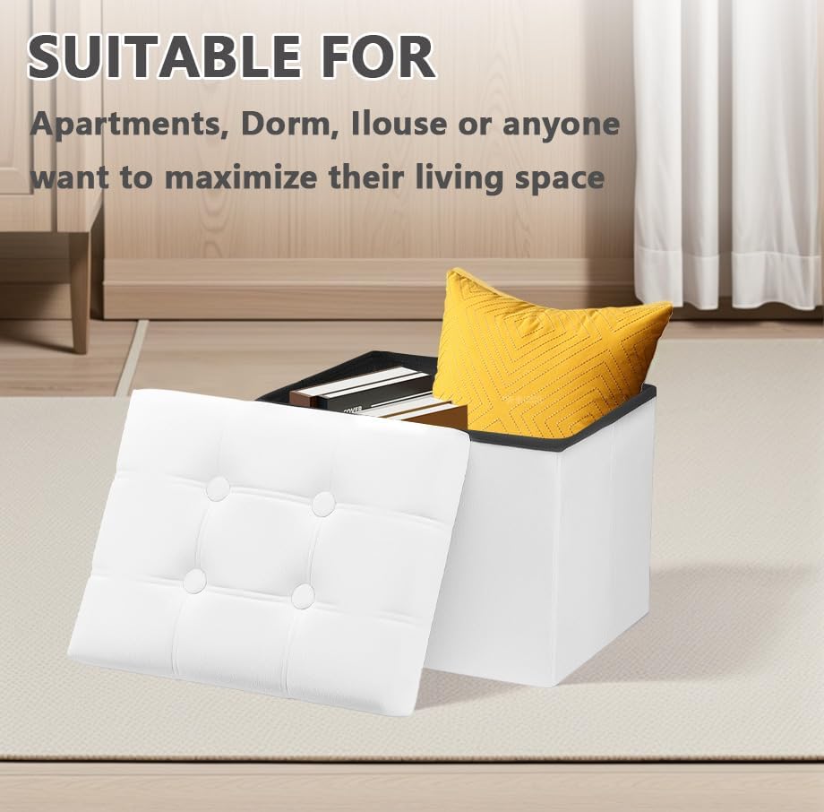 AmasSmile Ottoman with Storage,Folding Chest,17" Velvet,White 2 Pack