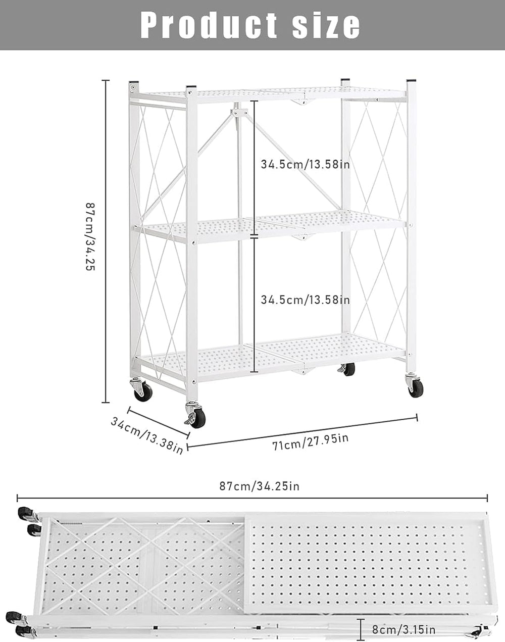 3-Tier Foldable Standing Shelf Units with Wheels, Industrial Style, Heavy Dut...