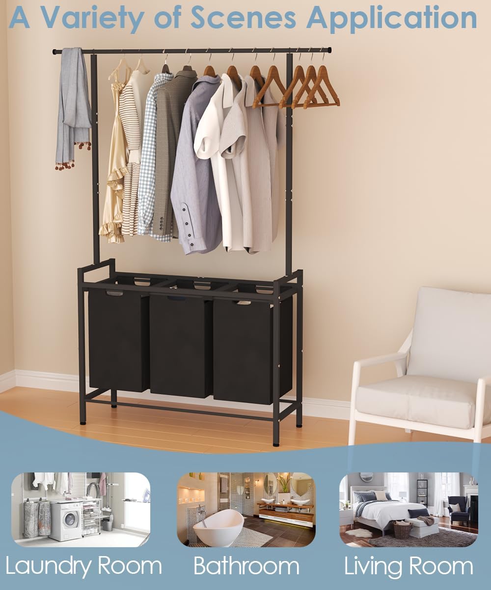 Large Laundry Hamper with Clothes Rack Hanging Bar, 10 x 3 Gal Pull-Out &...