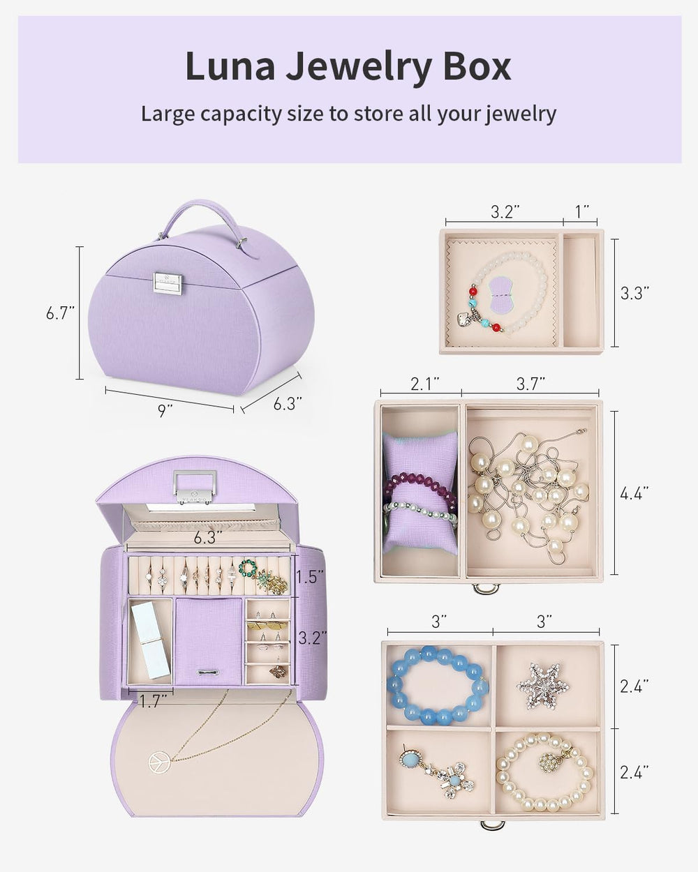 VLANDO 3-Layer Princess Jewelry Box With Mirror For Girls,Purple