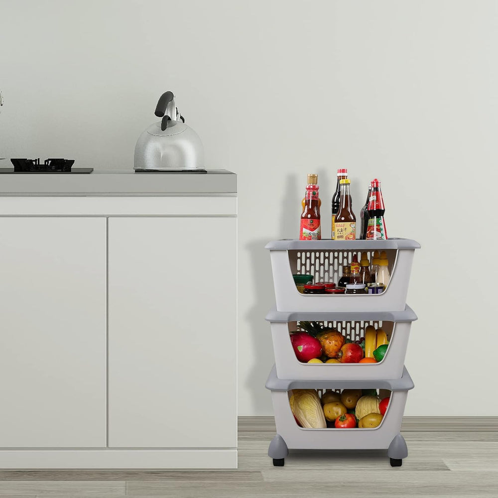 5-Tier Stacking Storage Basket Tower with Wheels, Plastic Open Stacking Baske...
