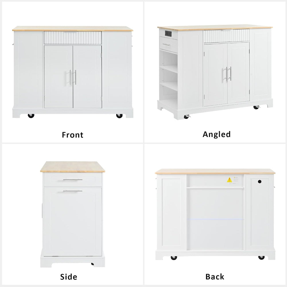 Fluted Rolling Kitchen Island Cart on 5 Wheels with Trash Can Storage Cabinet...