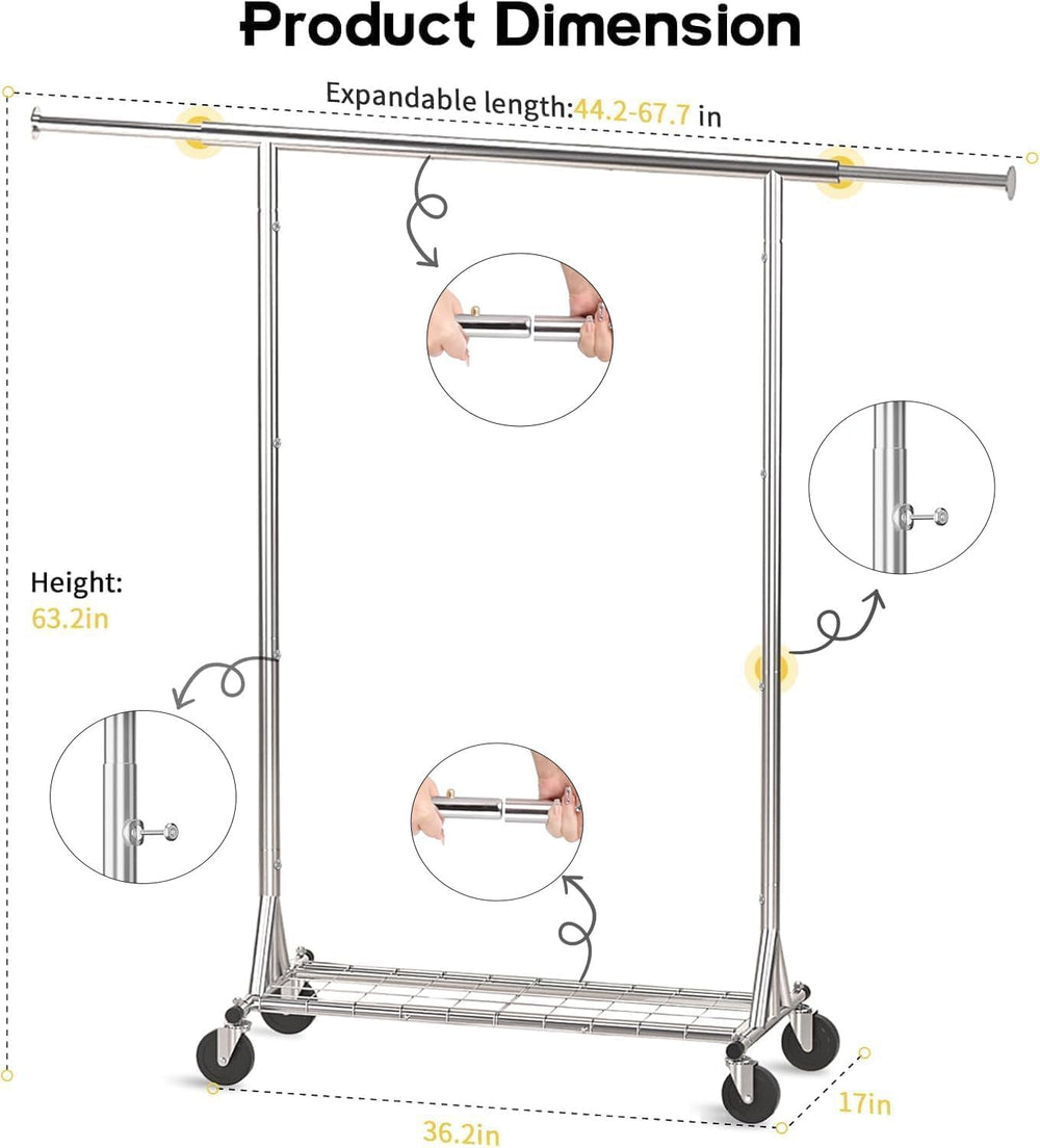 Heavy Duty Rolling Garment Rack with Wheels, 550LBS Clothing Rack (Silver)