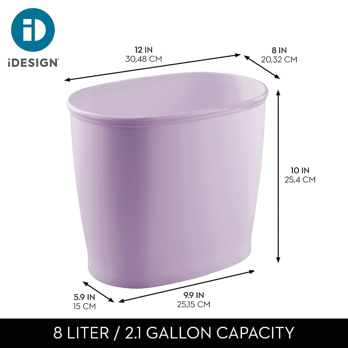 iDesign Slim Plastic Bathroom Trash Can, Purple | Small Garbage Bin, For Bedroom, Office, Desk, Dorm