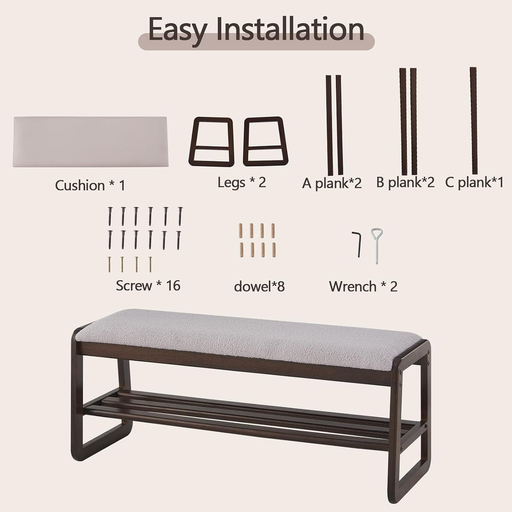 Shoe Rack Bench, 2 Tier Solid Wooden Entryway Bench(Gray Lilac, 39.4")